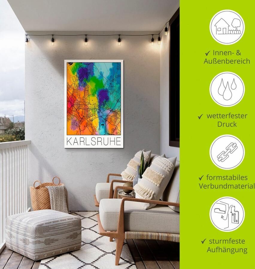 Artland Artprint Retro kaart Karlsruhe aquarel als artprint van aluminium artprint voor buiten poster in diverse formaten - Foto 3