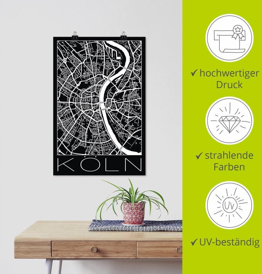 Artland Artprint Retro kaart Keulen Duitsland zwart als poster muursticker in verschillende maten - Foto 3