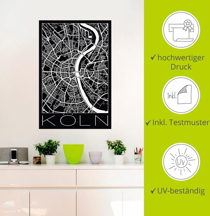 Artland Artprint Retro kaart Keulen Duitsland zwart als poster muursticker in verschillende maten - Foto 2