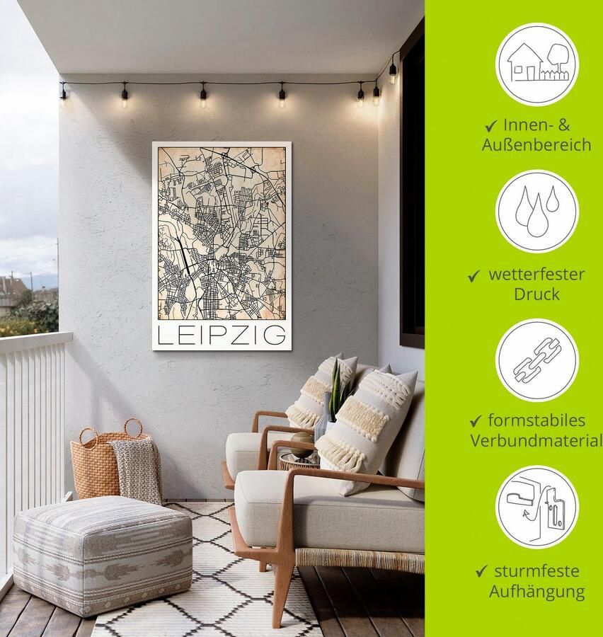 Artland Artprint Retro kaart Leipzig Duitsland Grunge als artprint van aluminium artprint op linnen muursticker of poster in verschillende maten - Foto 3