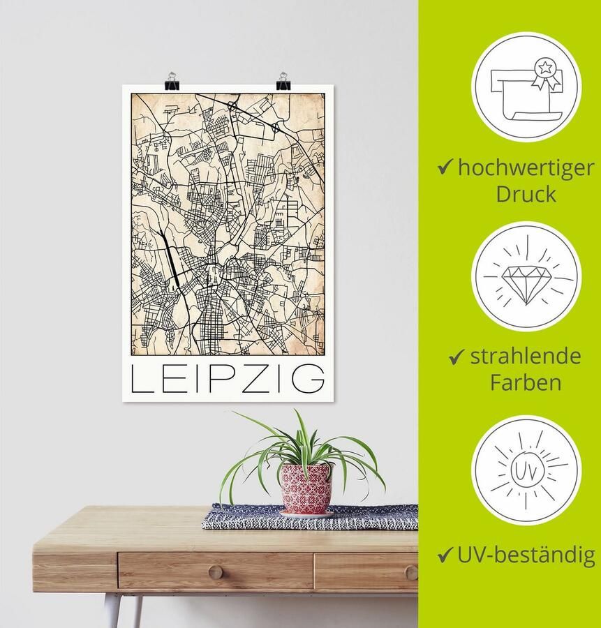 Artland Artprint Retro kaart Leipzig Duitsland Grunge als artprint van aluminium artprint op linnen muursticker of poster in verschillende maten - Foto 3