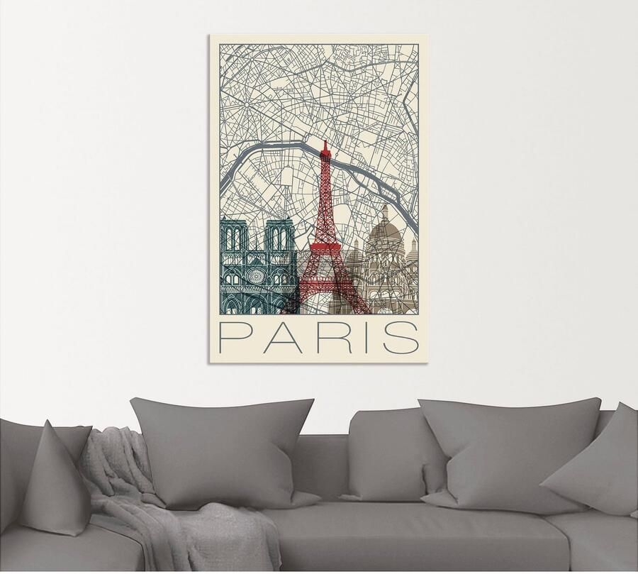 Artland Artprint Retro kaart Parijs Frankrijk en skyline als artprint van aluminium artprint voor buiten poster in diverse formaten - Foto 4