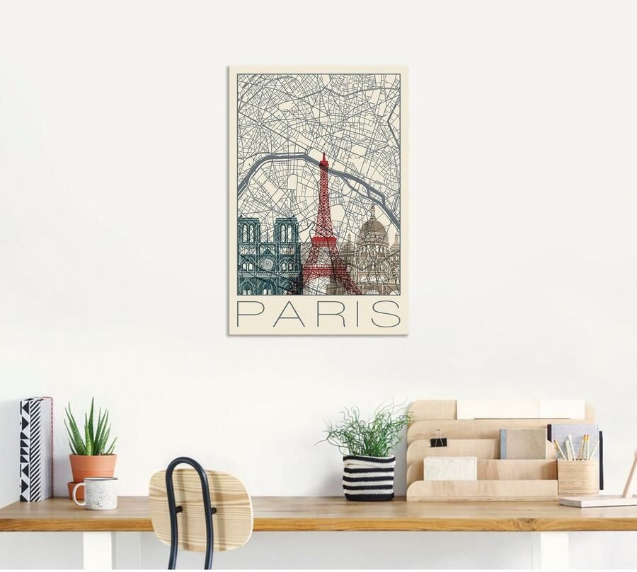 Artland Artprint Retro kaart Parijs Frankrijk en skyline als artprint van aluminium artprint voor buiten poster in diverse formaten - Foto 5