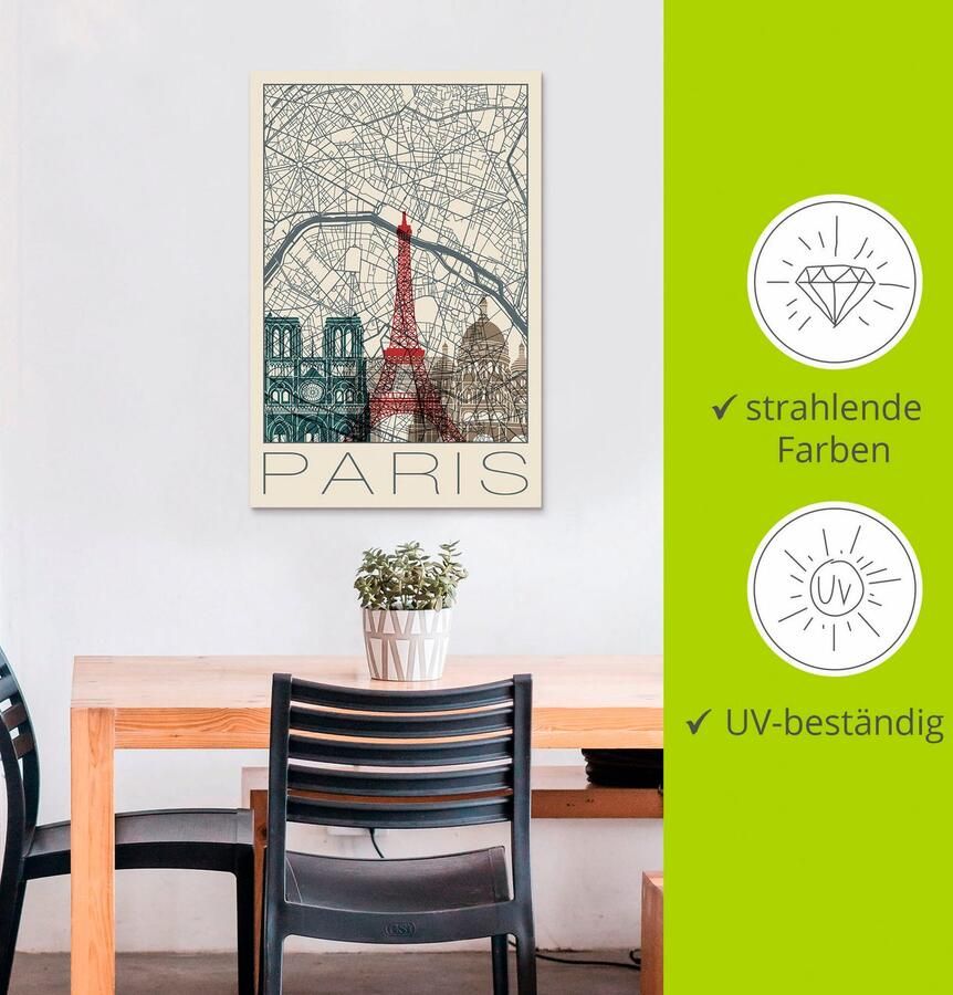 Artland Artprint Retro kaart Parijs Frankrijk en skyline als artprint van aluminium artprint voor buiten poster in diverse formaten - Foto 2