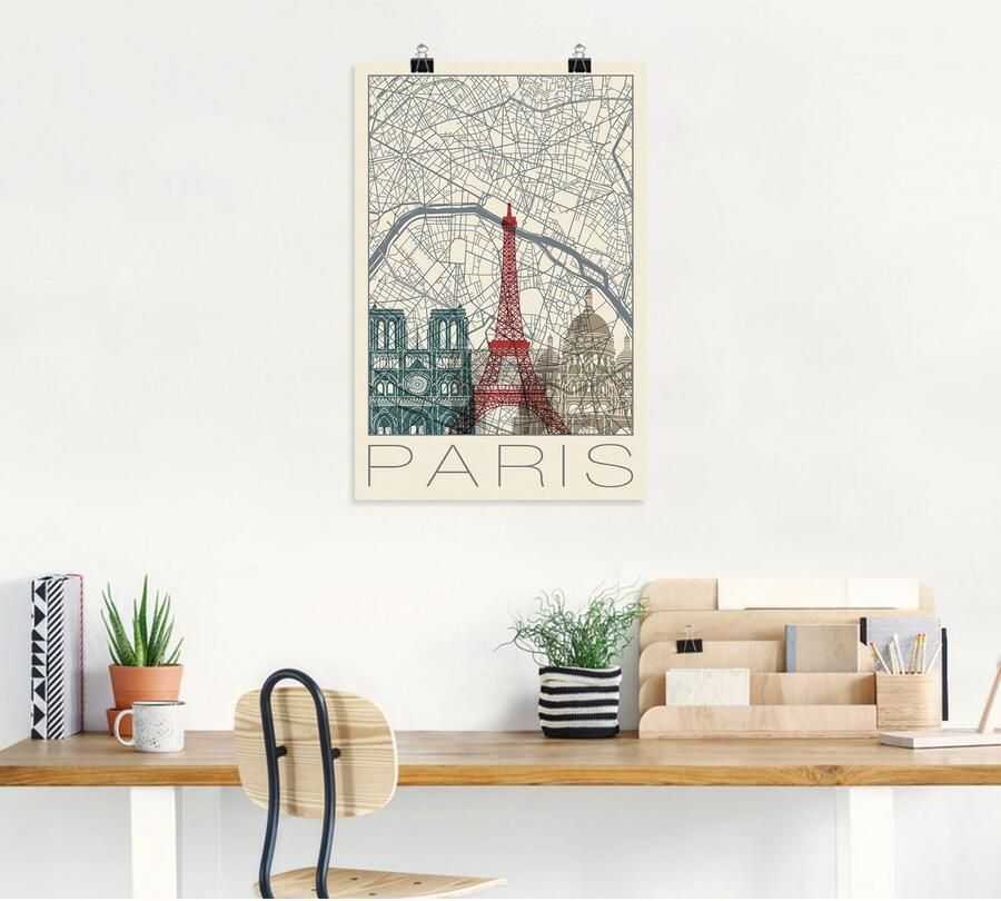 Artland Artprint Retro kaart Parijs Frankrijk en skyline als artprint van aluminium artprint voor buiten poster in diverse formaten - Foto 4