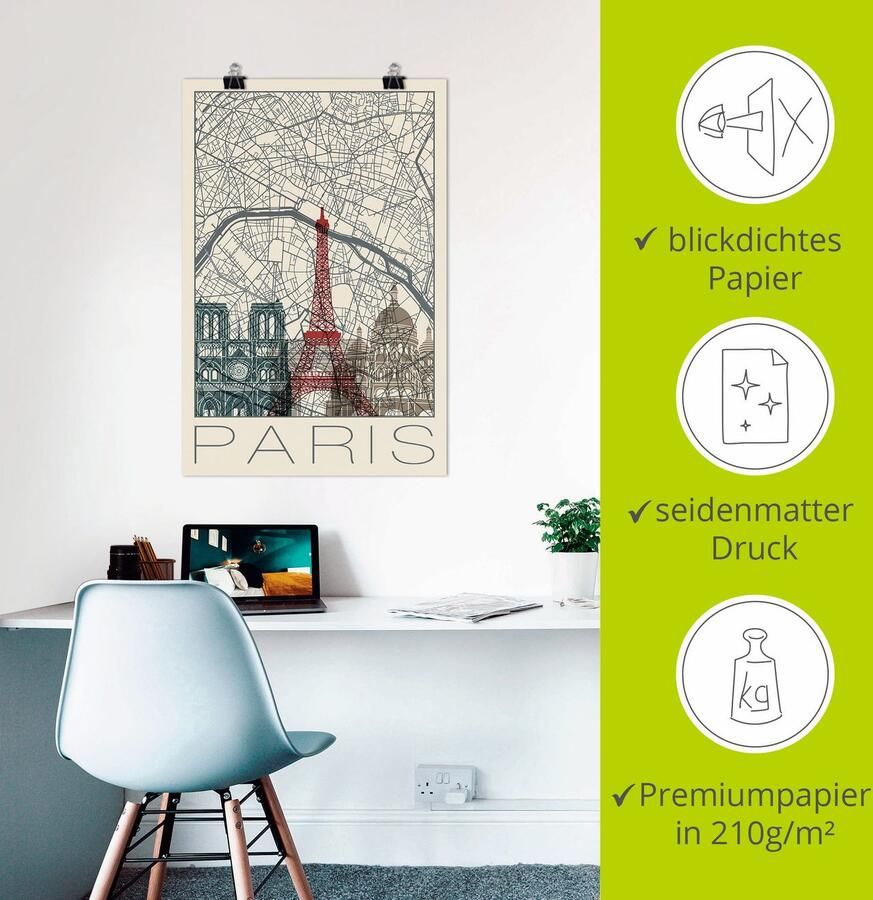 Artland Artprint Retro kaart Parijs Frankrijk en skyline als artprint van aluminium artprint voor buiten poster in diverse formaten - Foto 2