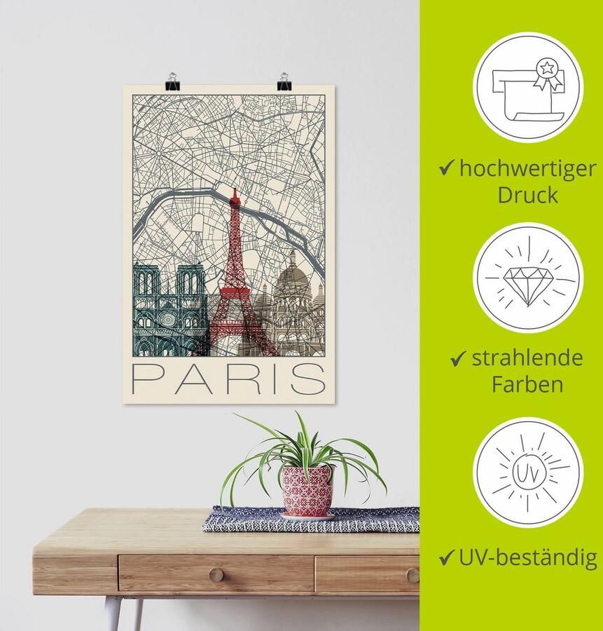 Artland Artprint Retro kaart Parijs Frankrijk en skyline als artprint van aluminium artprint voor buiten poster in diverse formaten - Foto 3
