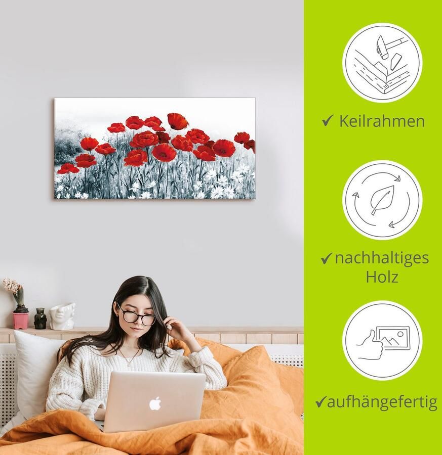 Artland Artprint Rode klaproos in het veld als artprint op linnen in verschillende maten - Foto 3