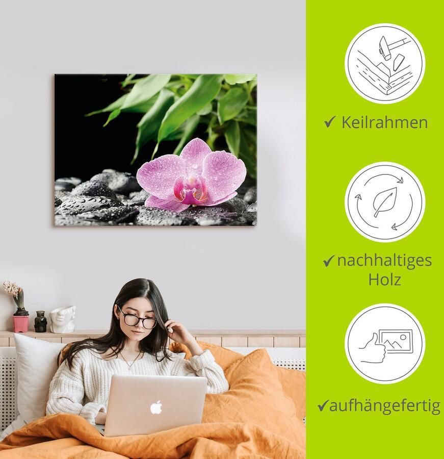 Artland Artprint Roze orchidee op zwarte zen stenen als artprint op linnen poster in verschillende formaten maten - Foto 2