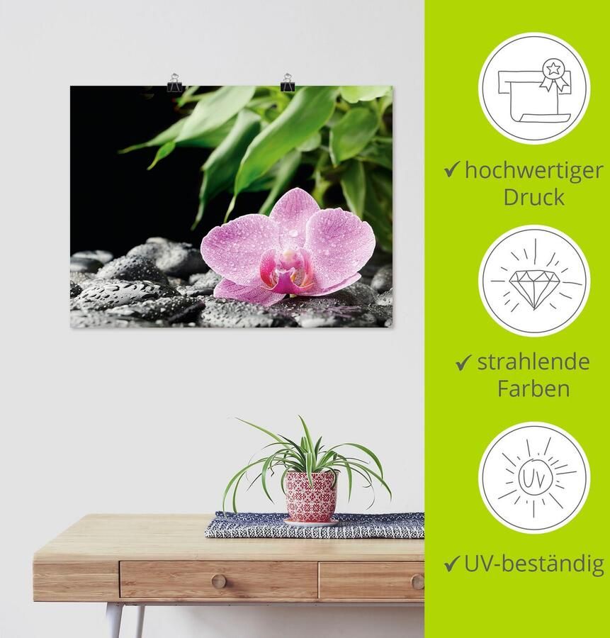 Artland Artprint Roze orchidee op zwarte zen stenen als artprint op linnen poster in verschillende formaten maten - Foto 3