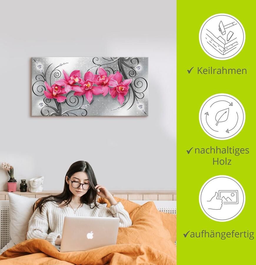 Artland Artprint Roze orchideeën op ornamenten als artprint van aluminium artprint voor buiten artprint op linnen poster muursticker - Foto 2