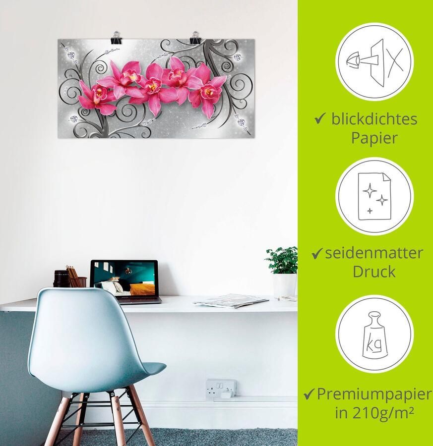 Artland Artprint Roze orchideeën op ornamenten als artprint van aluminium artprint voor buiten artprint op linnen poster muursticker - Foto 3