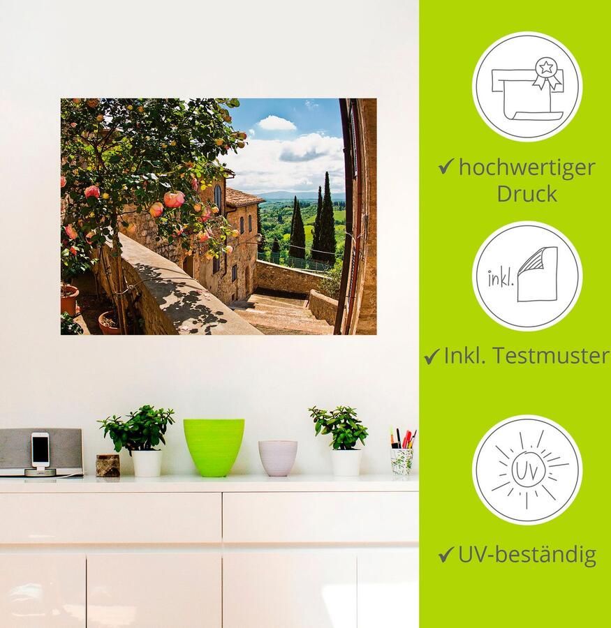 Artland Artprint Rozen op balkon Toscaans landschap als artprint van aluminium artprint voor buiten artprint op linnen poster muursticker - Foto 3