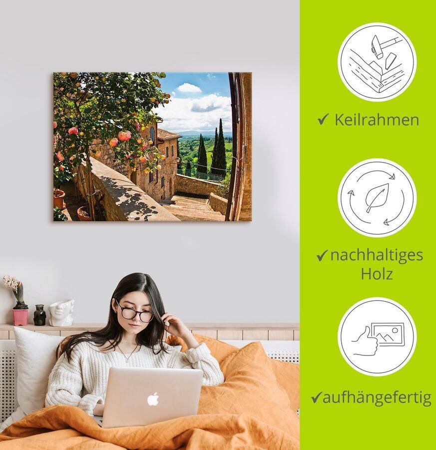 Artland Artprint Rozen op balkon Toscaans landschap als artprint van aluminium artprint voor buiten artprint op linnen poster muursticker - Foto 3