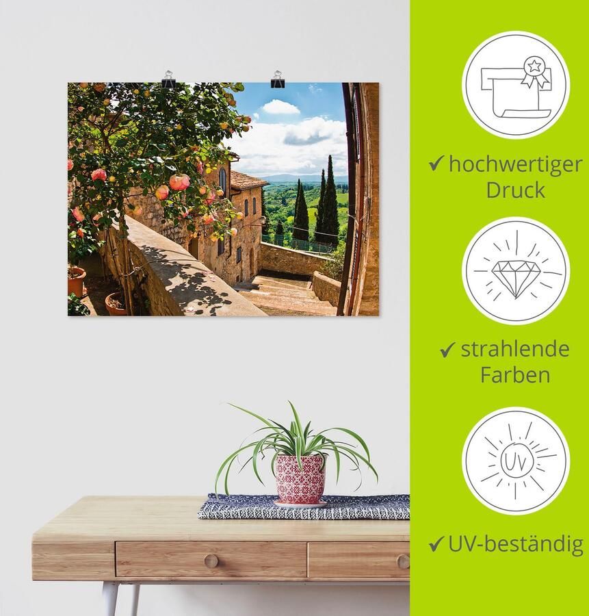 Artland Artprint Rozen op balkon Toscaans landschap als artprint van aluminium artprint voor buiten artprint op linnen poster muursticker - Foto 3