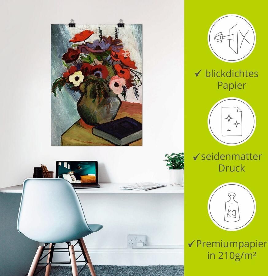 Artland Artprint Stilleven met anemonen en blauw boek als artprint op linnen poster in verschillende formaten maten - Foto 2