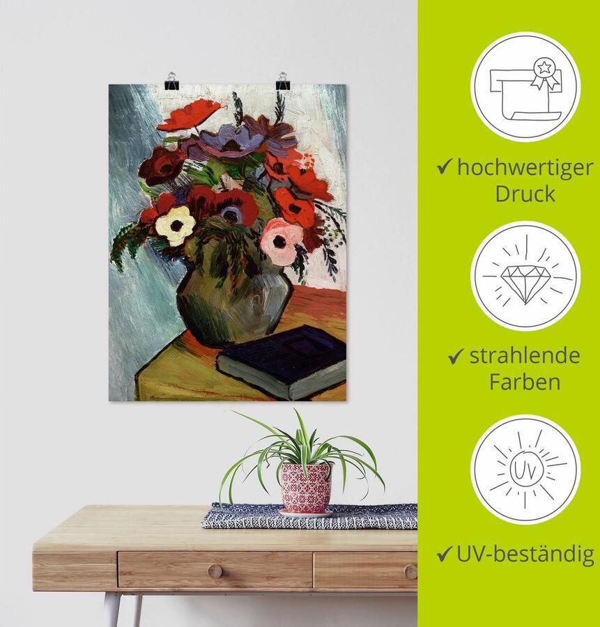 Artland Artprint Stilleven met anemonen en blauw boek als artprint op linnen poster in verschillende formaten maten - Foto 3
