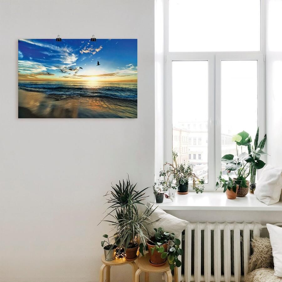 Artland Artprint Strand meeuwen zee zonsondergang als artprint van aluminium artprint voor buiten artprint op linnen poster muursticker