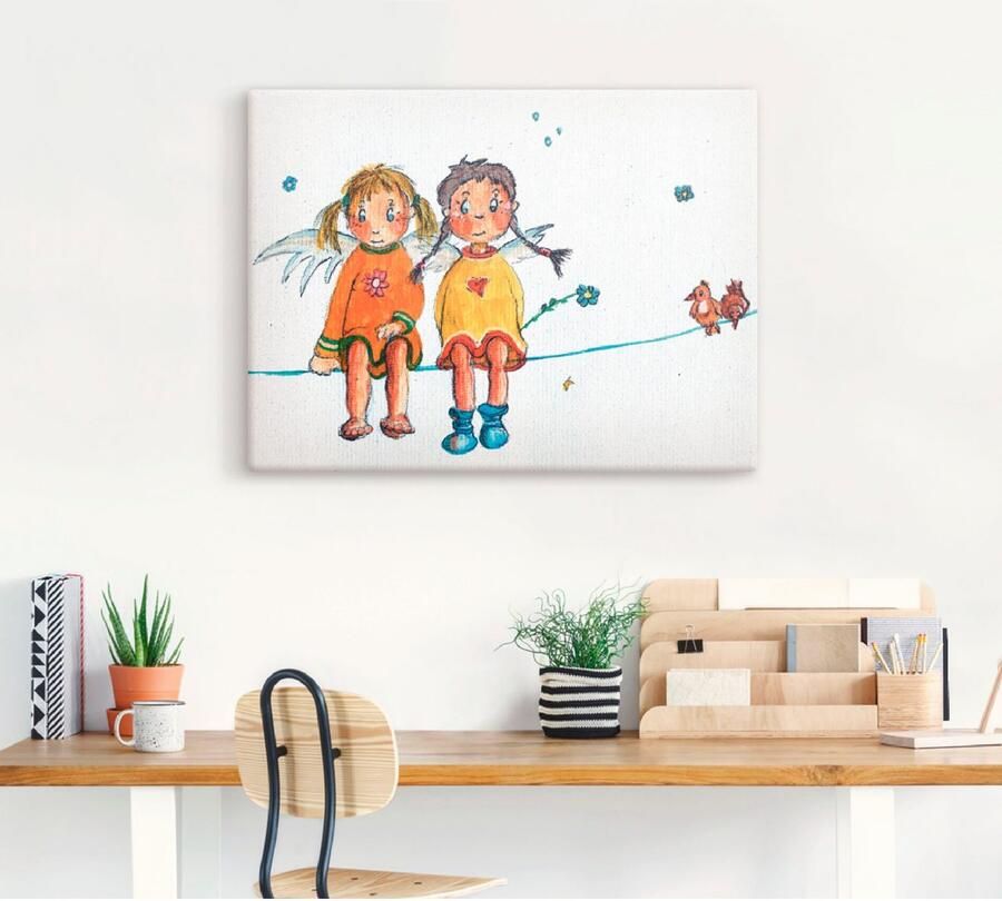 Artland Artprint Twee engeltjes zitten op de waslijn als artprint op linnen muursticker in verschillende maten - Foto 3