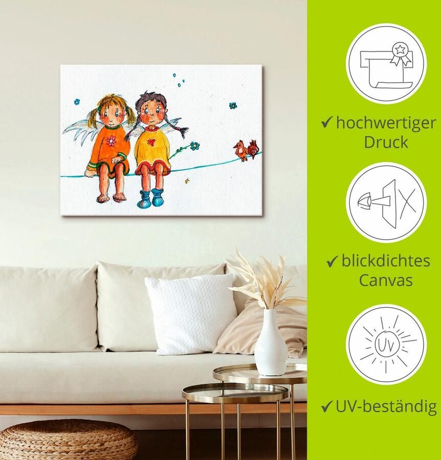 Artland Artprint Twee engeltjes zitten op de waslijn als artprint op linnen muursticker in verschillende maten - Foto 2