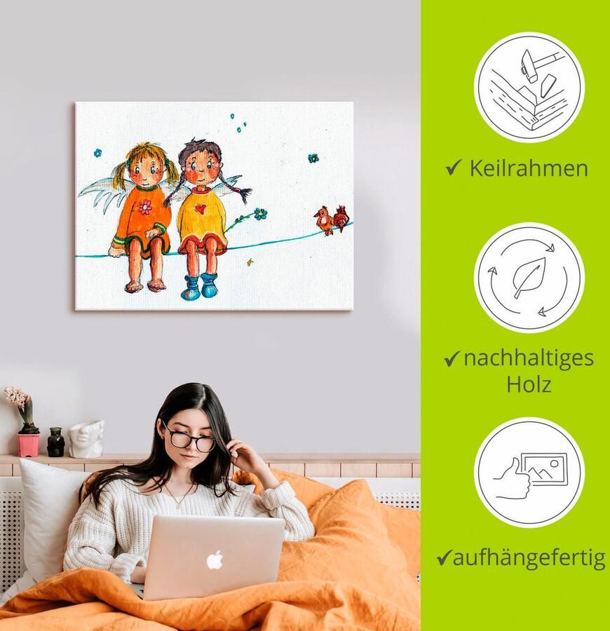 Artland Artprint Twee engeltjes zitten op de waslijn als artprint op linnen muursticker in verschillende maten