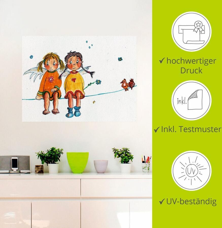 Artland Artprint Twee engeltjes zitten op de waslijn als artprint op linnen muursticker in verschillende maten - Foto 2