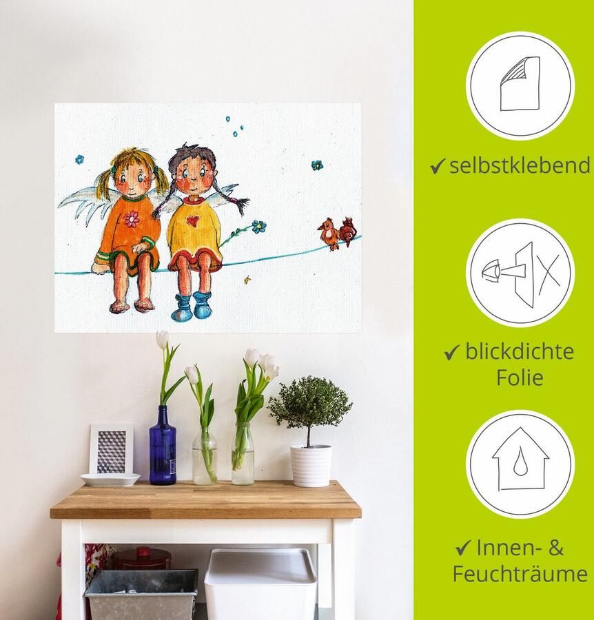 Artland Artprint Twee engeltjes zitten op de waslijn als artprint op linnen muursticker in verschillende maten - Foto 3
