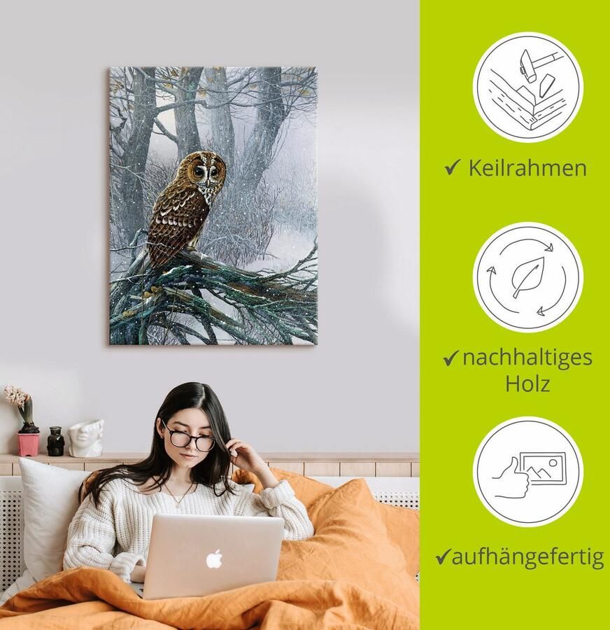 Artland Artprint Uil in ondergesneeuwd bos als artprint op linnen poster in verschillende formaten maten - Foto 2