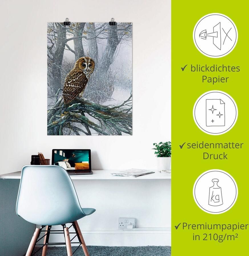 Artland Artprint Uil in ondergesneeuwd bos als artprint op linnen poster in verschillende formaten maten - Foto 3