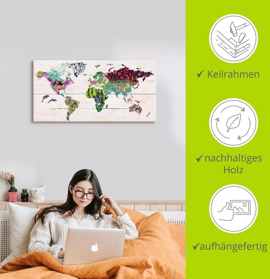 Artland Artprint Veelkleurige wereld op houten ondergrond als artprint op linnen poster in verschillende formaten maten