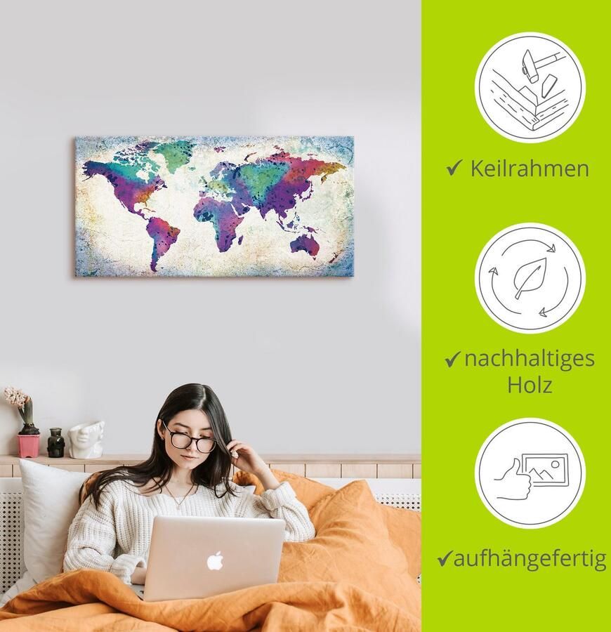 Artland Artprint Veelkleurige wereldkaart als artprint van aluminium artprint voor buiten artprint op linnen poster muursticker - Foto 2