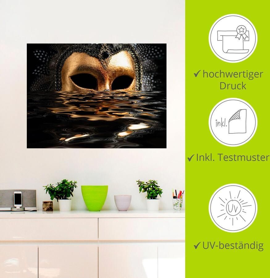 Artland Artprint Venetiaans masker met bladgoudkleur als artprint van aluminium artprint voor buiten artprint op linnen poster muursticker - Foto 3