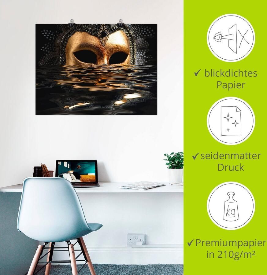 Artland Artprint Venetiaans masker met bladgoudkleur als artprint van aluminium artprint voor buiten artprint op linnen poster muursticker - Foto 3