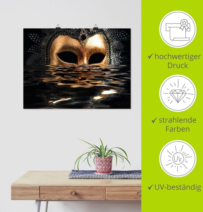 Artland Artprint Venetiaans masker met bladgoudkleur als artprint van aluminium artprint voor buiten artprint op linnen poster muursticker - Foto 4