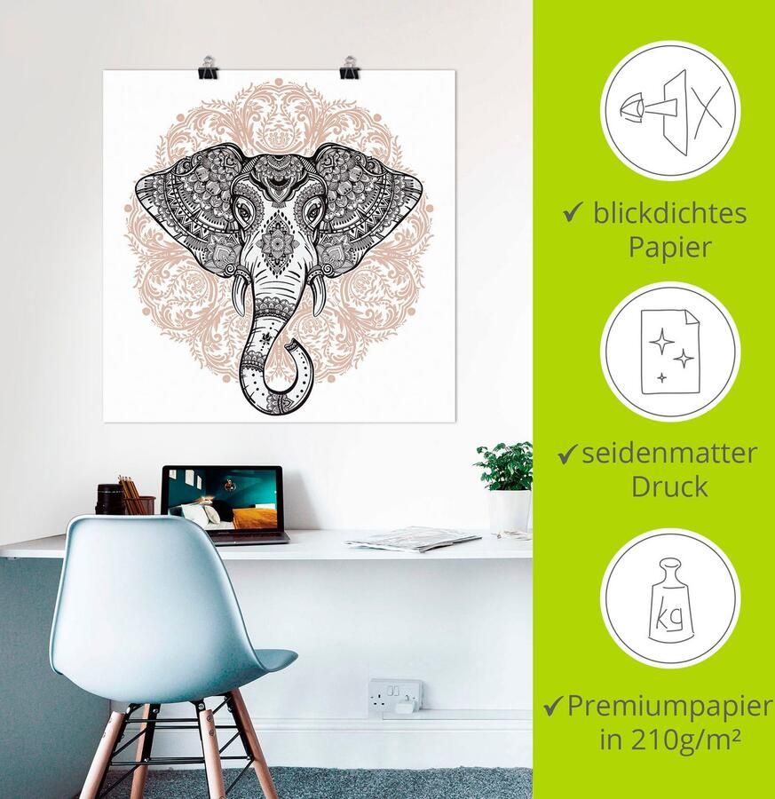 Artland Artprint Vintage mandala olifant als artprint op linnen poster muursticker in verschillende maten