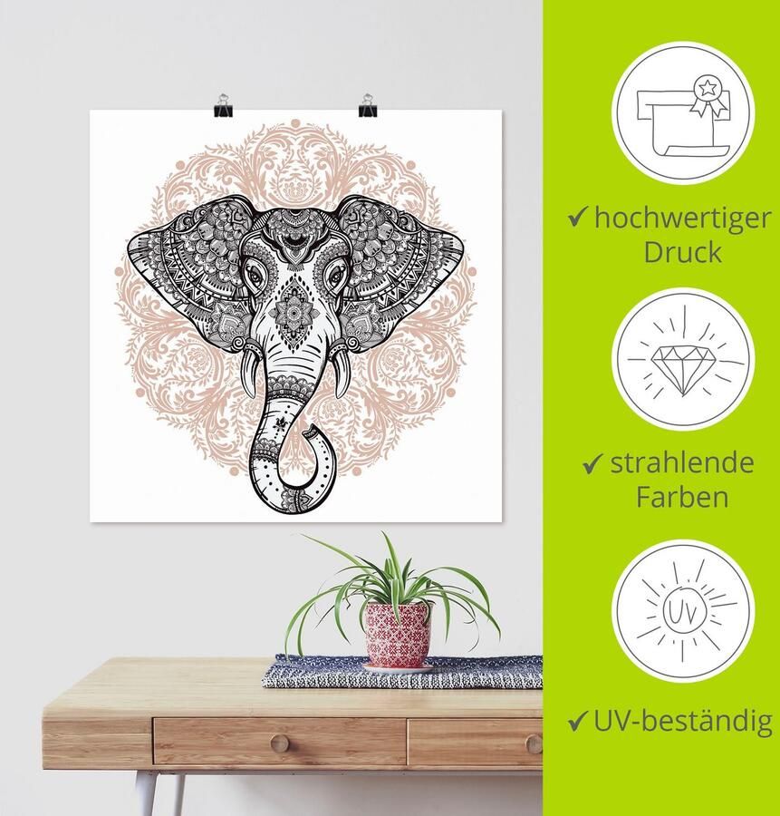 Artland Artprint Vintage mandala olifant als artprint op linnen poster muursticker in verschillende maten - Foto 2