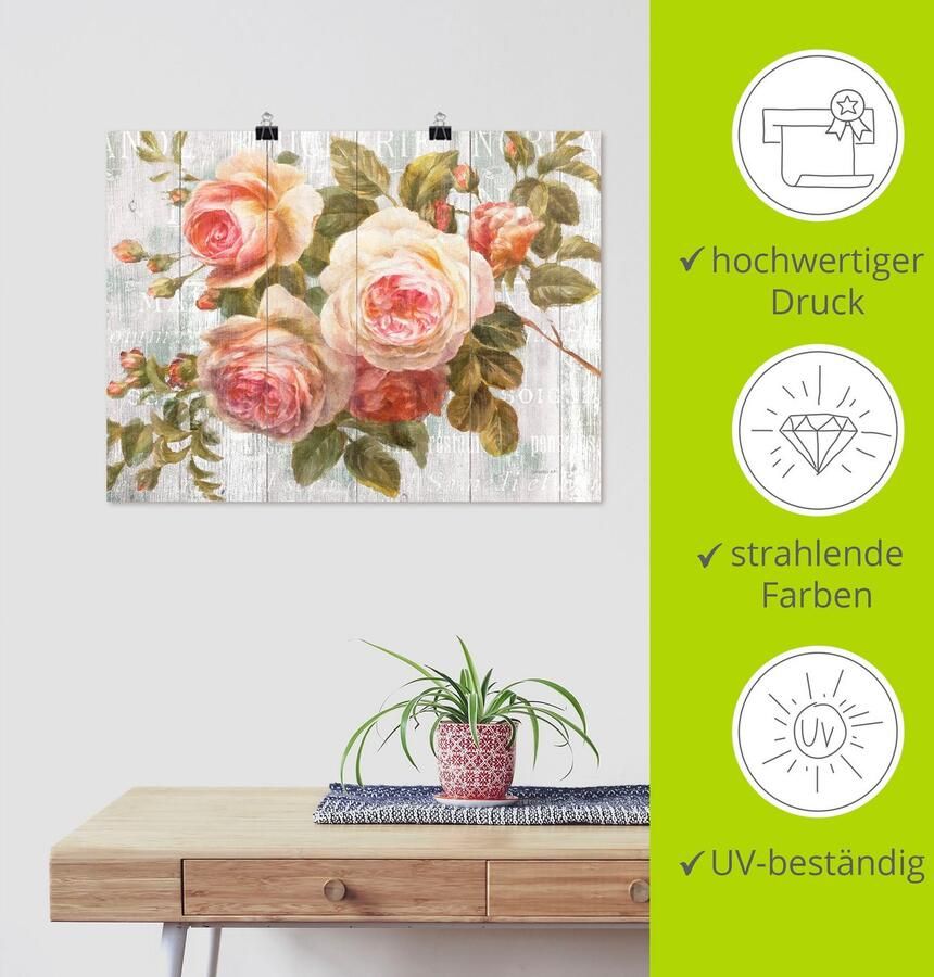 Artland Artprint Vintage rozen op hout als artprint op linnen poster muursticker in verschillende maten - Foto 3