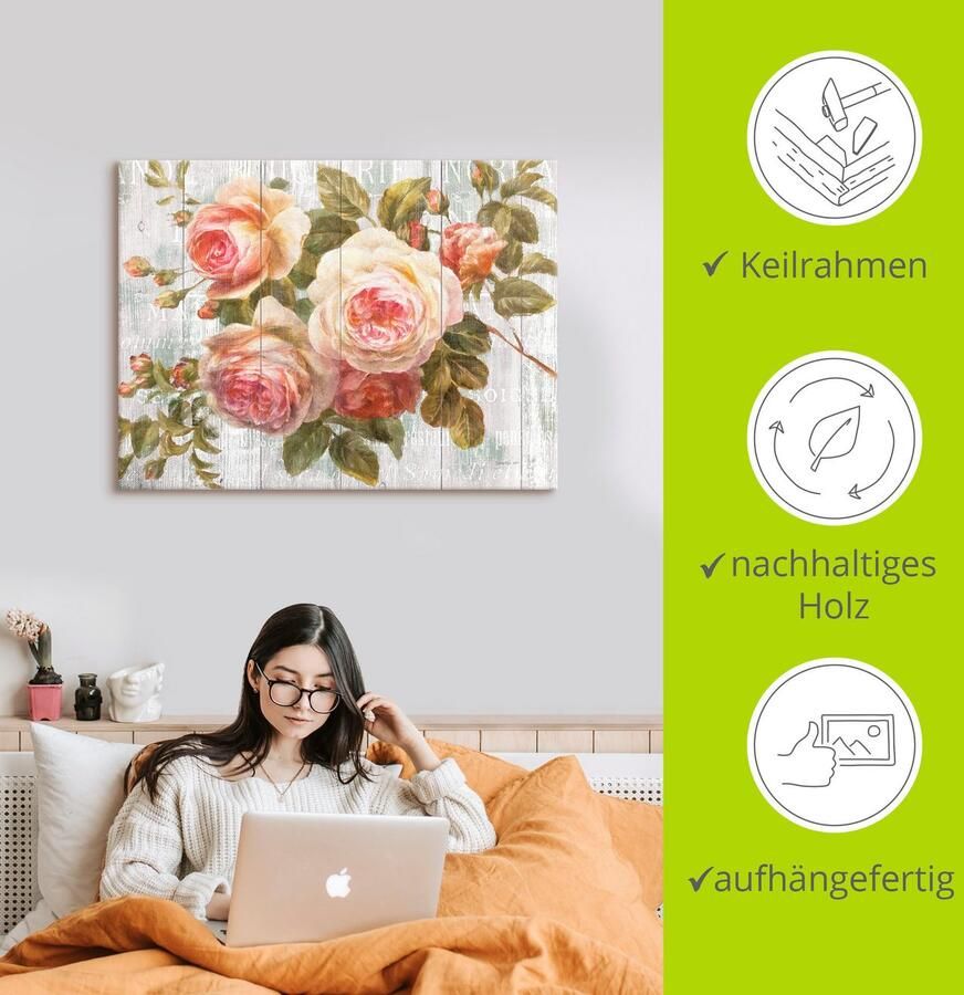Artland Artprint Vintage rozen op hout als artprint op linnen poster muursticker in verschillende maten