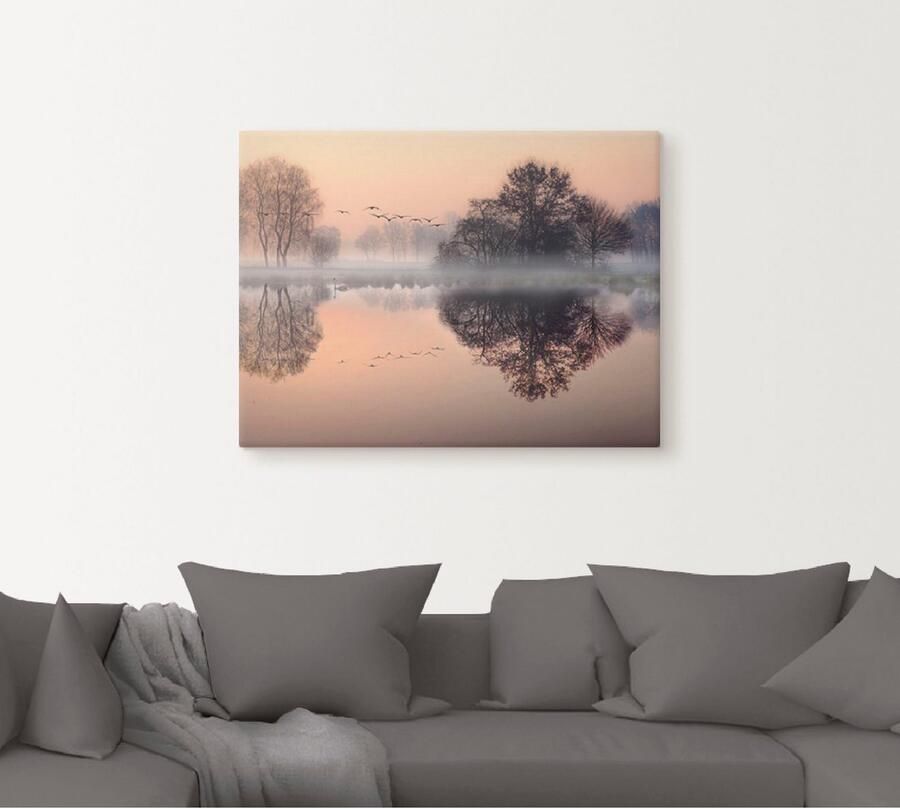 Artland Artprint op linnen Vroege ochtend aan het meer....