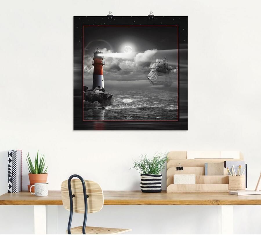 Artland Artprint Vuurtoren en zeilschip in het maanlicht als artprint op linnen poster muursticker in verschillende maten - Foto 4