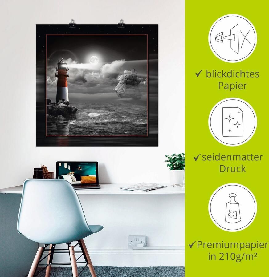 Artland Artprint Vuurtoren en zeilschip in het maanlicht als artprint op linnen poster muursticker in verschillende maten - Foto 2