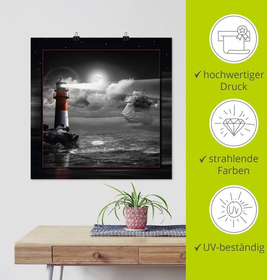 Artland Artprint Vuurtoren en zeilschip in het maanlicht als artprint op linnen poster muursticker in verschillende maten - Foto 3