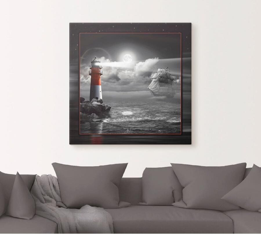 Artland Artprint Vuurtoren en zeilschip in het maanlicht als artprint op linnen poster muursticker in verschillende maten - Foto 5