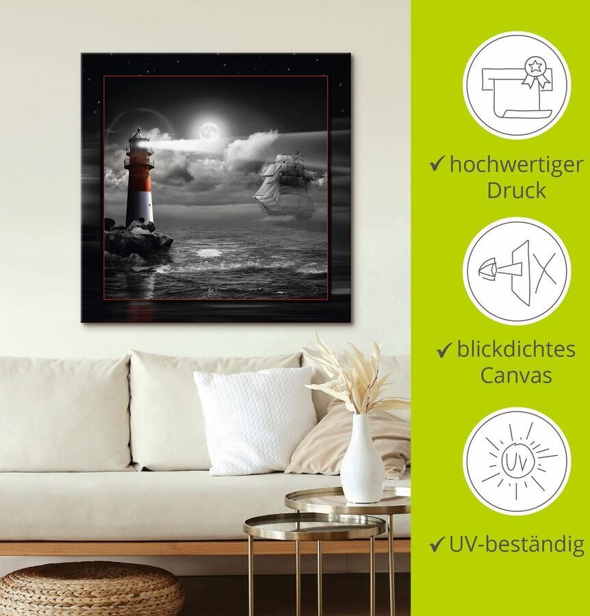 Artland Artprint Vuurtoren en zeilschip in het maanlicht als artprint op linnen poster muursticker in verschillende maten - Foto 4