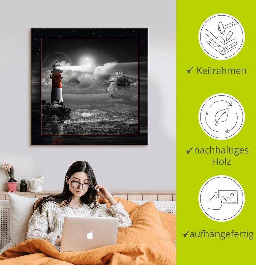 Artland Artprint Vuurtoren en zeilschip in het maanlicht als artprint op linnen poster muursticker in verschillende maten - Foto 3