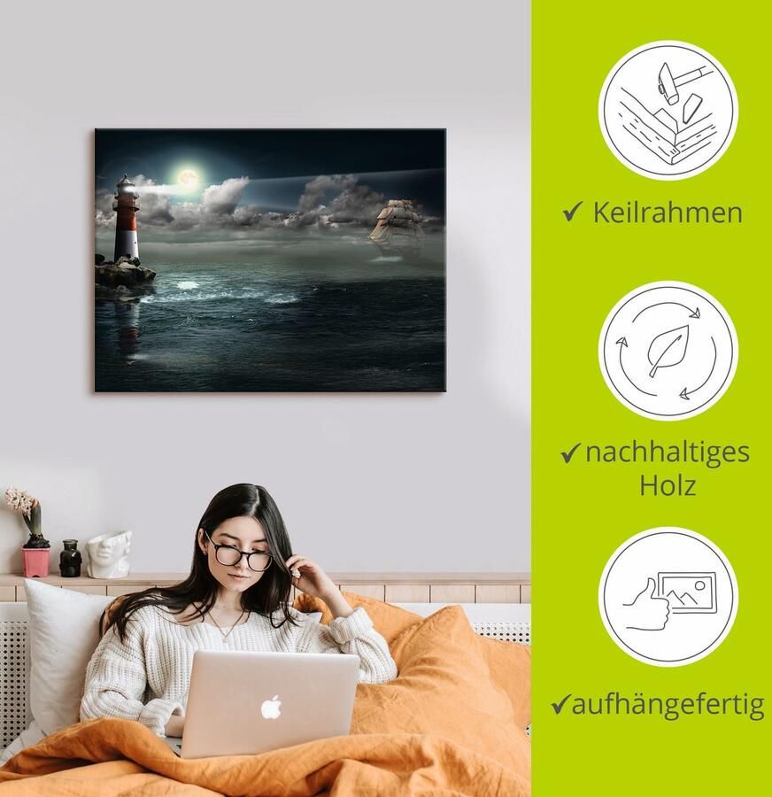 Artland Artprint Vuurtoren onder verlichting als artprint op linnen poster in verschillende formaten maten