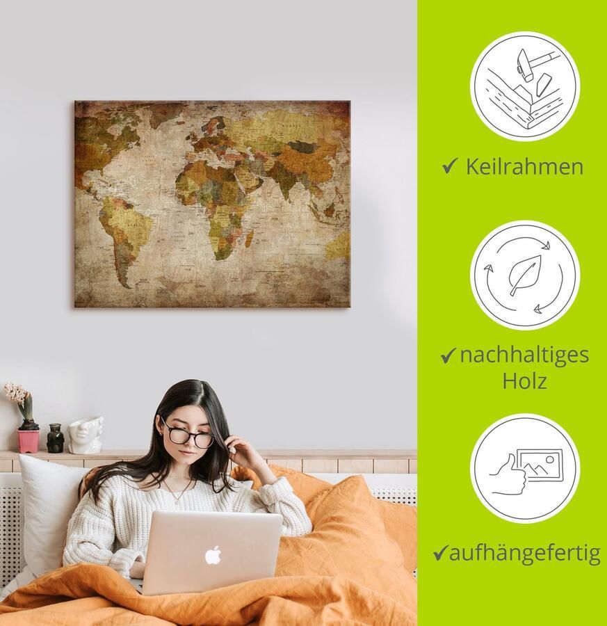 Artland Artprint Wereldkaart als artprint van aluminium artprint voor buiten artprint op linnen poster muursticker - Foto 2