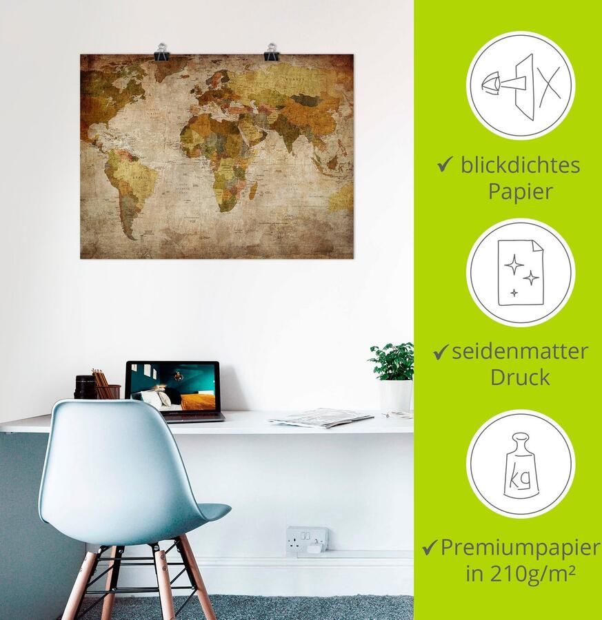 Artland Artprint Wereldkaart als artprint van aluminium artprint voor buiten artprint op linnen poster muursticker - Foto 3