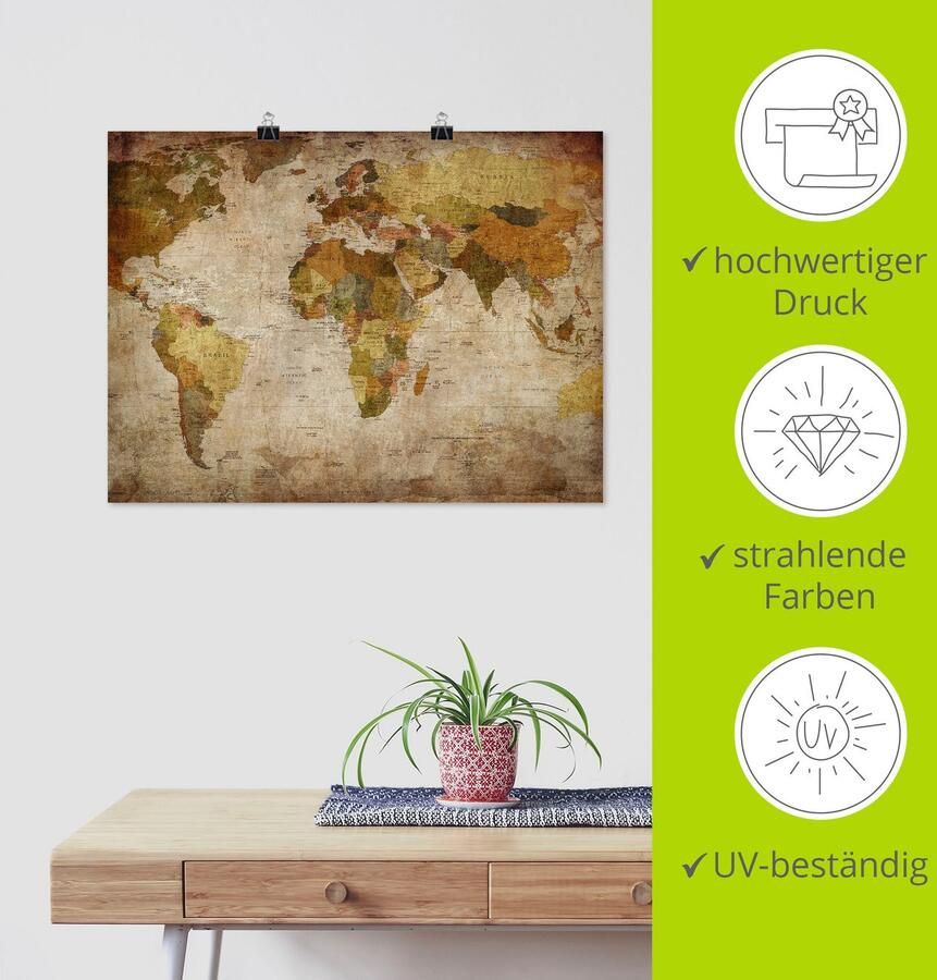Artland Artprint Wereldkaart als artprint van aluminium artprint voor buiten artprint op linnen poster muursticker - Foto 4