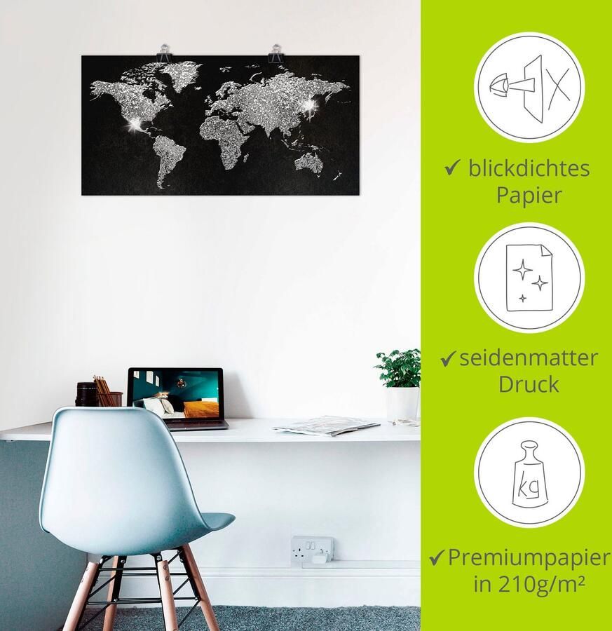 Artland Artprint Wereldkaart glitter als artprint van aluminium artprint voor buiten artprint op linnen poster muursticker - Foto 3